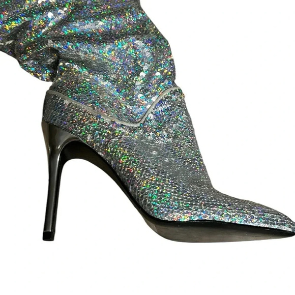 Glitter slouch high heel party boots!! Taylor Swift iridescent  sequin silver EC - Picture 7 of 15